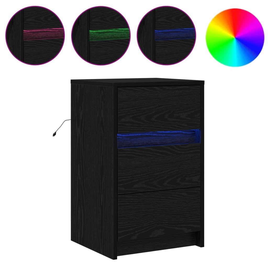 Mobiletto da comodino con luci LED rovere nero legno ingegnerizzato