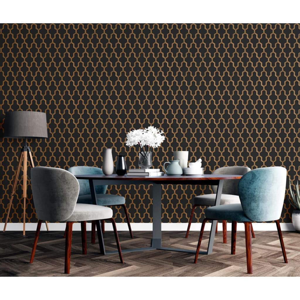 DUTCH WALLCOVERINGS Carta da Parati Geometric Nero e Oro 442591