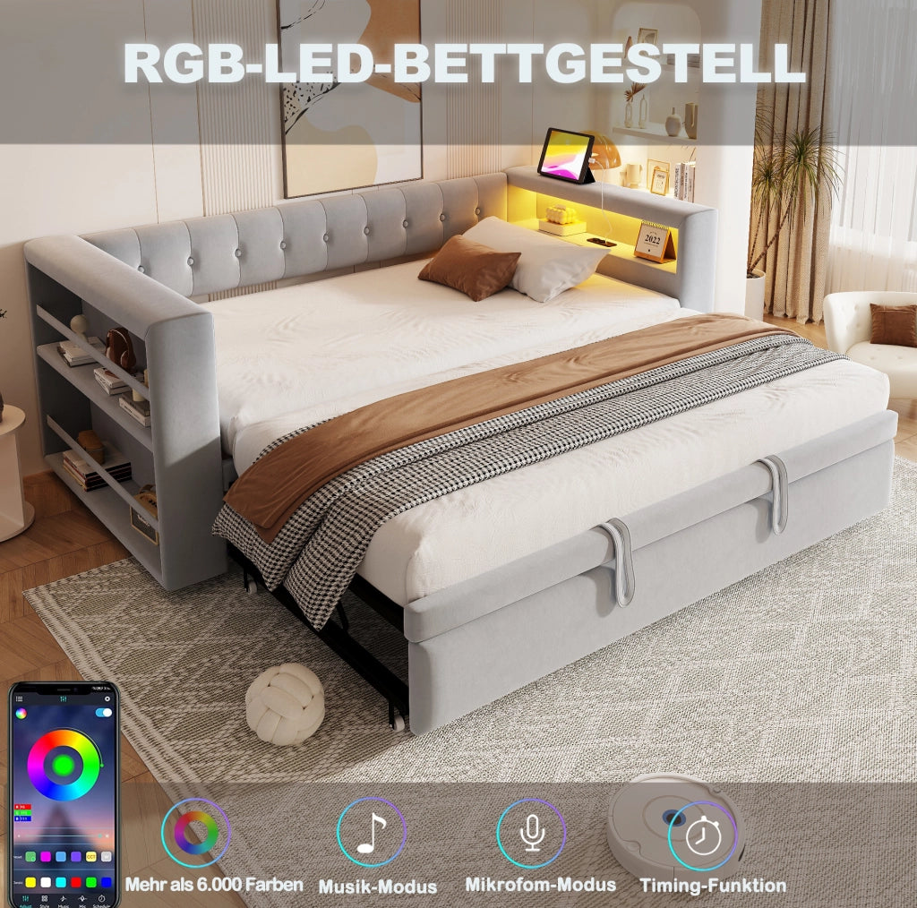 Letto multifunzionale trasformabile grigio chiaro con LED, presa e contenitore