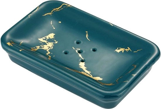 Piatto di sapone in ceramica - Ospite per due strati di sapone in barra - Piatto rettangolare di porcellana per salvare il sapone con cassetta auto-scatolante - Doccia Bagno Cucina Lavello - Piatto per sapone in verde scuro