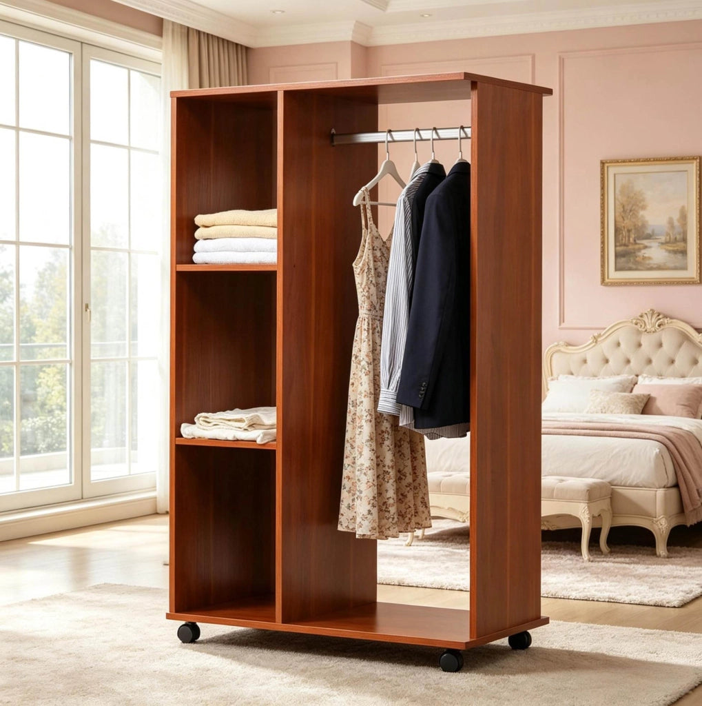 Armadio aperto mobile 80x40x128 cm con 4 ruote; ripiani e asta in alluminio; truciolare noce