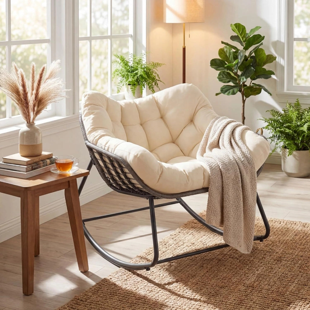 Sedia a Dondolo con Cuscino, Sedia da Relax Ampia e Avvolgente, con Struttura in Metallo, Seduta in Rattan, Cuscino Morbido Imbottito, per Soggiorno, Studio, Balcone, Nero (Beige)
