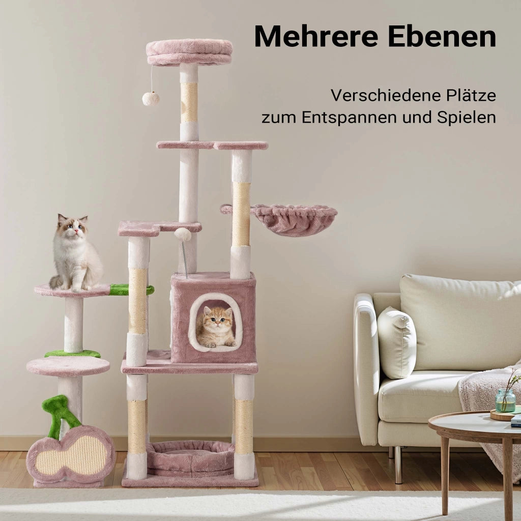 Fudajo Albero tiragraffi Ciliegia 162cm Rosa Con sisal, casetta per gatti e cucce