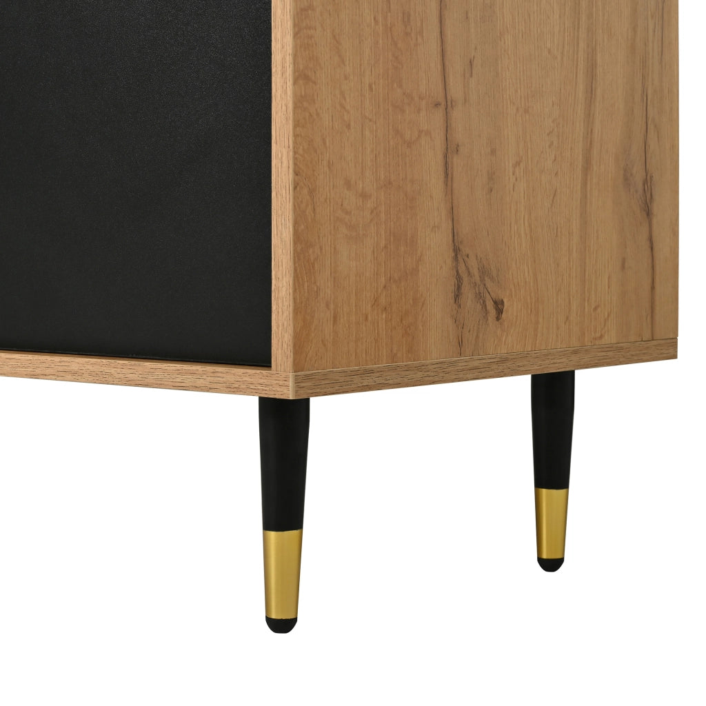 Sideboard bicolore con 2 cassetti; vano aperto e ante a ribalta; MDF e truciolare; nero e naturale