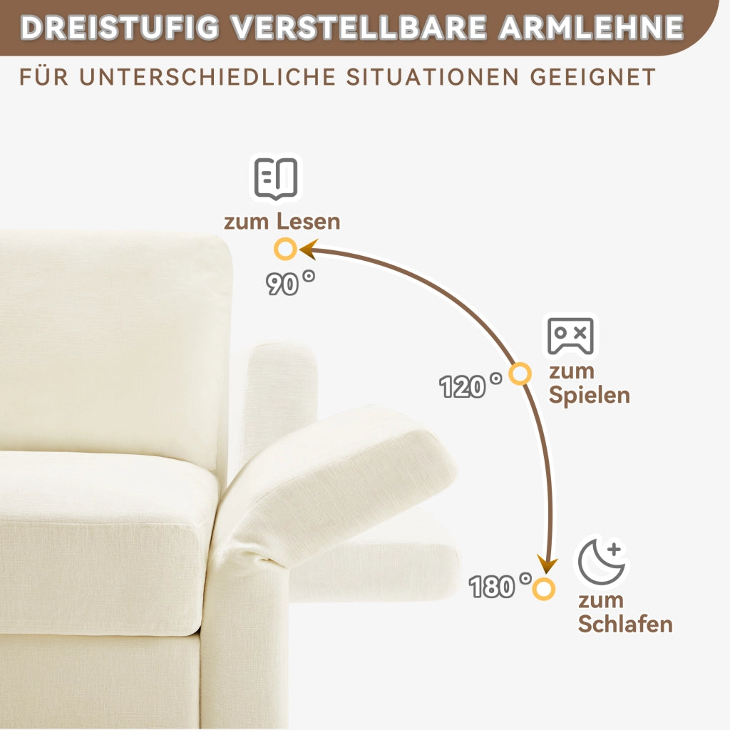 Divano angolare modulare con pouf, 4 cuscini e braccioli regolabili, in ciniglia beige 218 × 156,5 × 86 cm