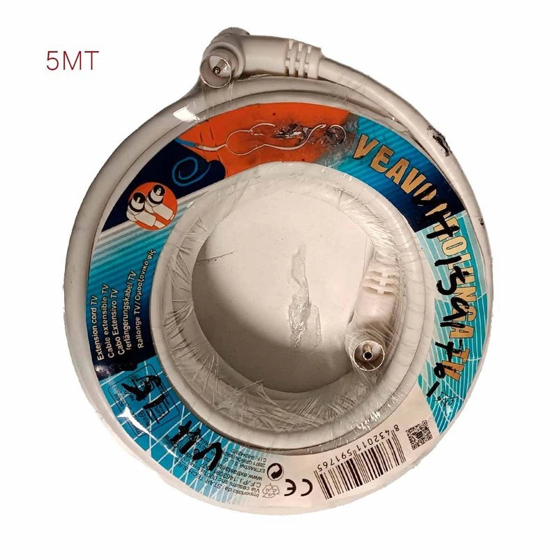 Cavo Antenna TV Coassiale Maschio Femmina 5 metri Angolo Retto