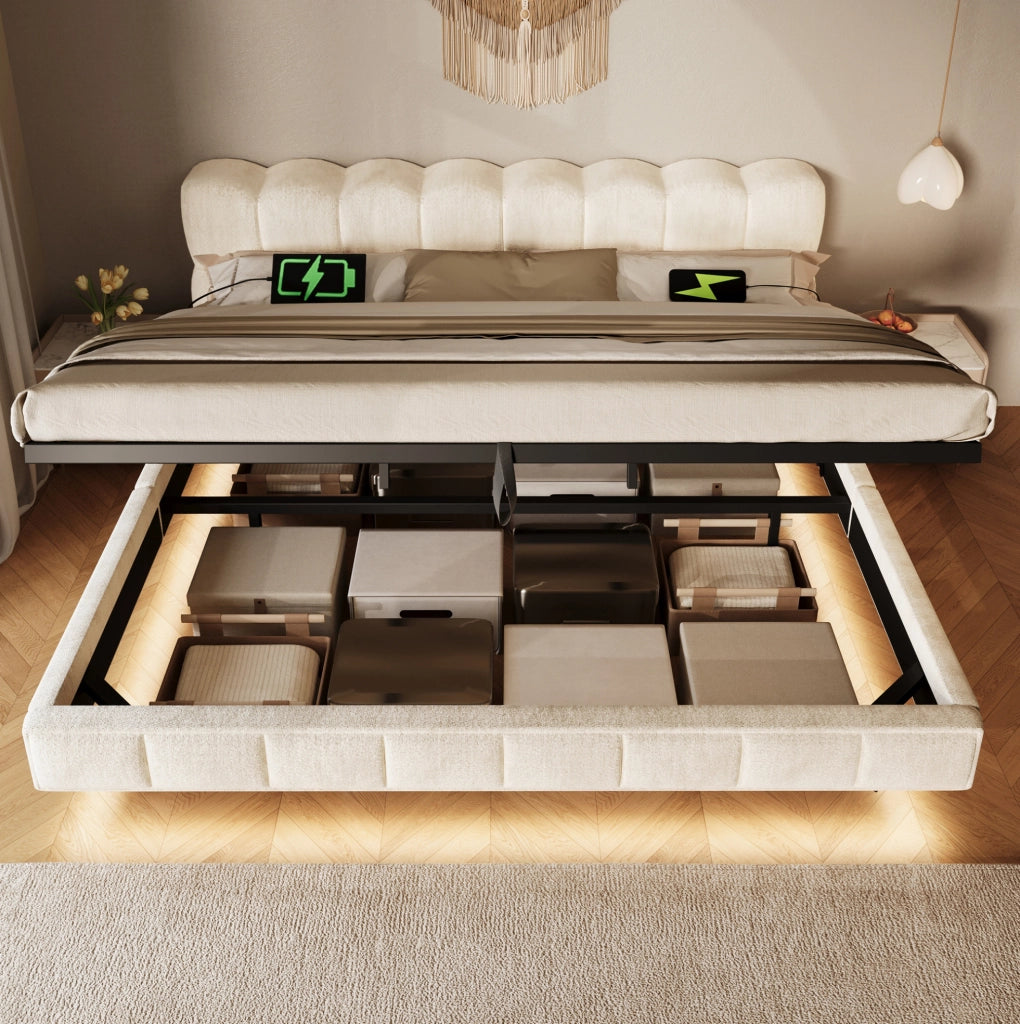 Letto matrimoniale contenitore 160x200 cm con LED e prese USB/Type-C in chenille beige