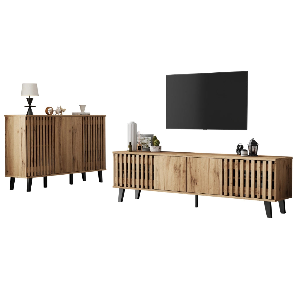 Set mobile TV e credenza in legno naturale; 180 e 150 cm; con vani e ante