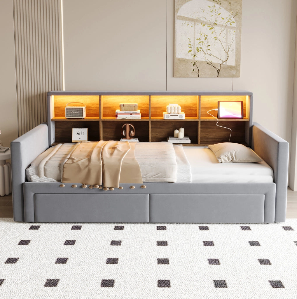 Divano letto imbottito estraibile 90x190 cm in velluto grigio con LED, prese e cassetti