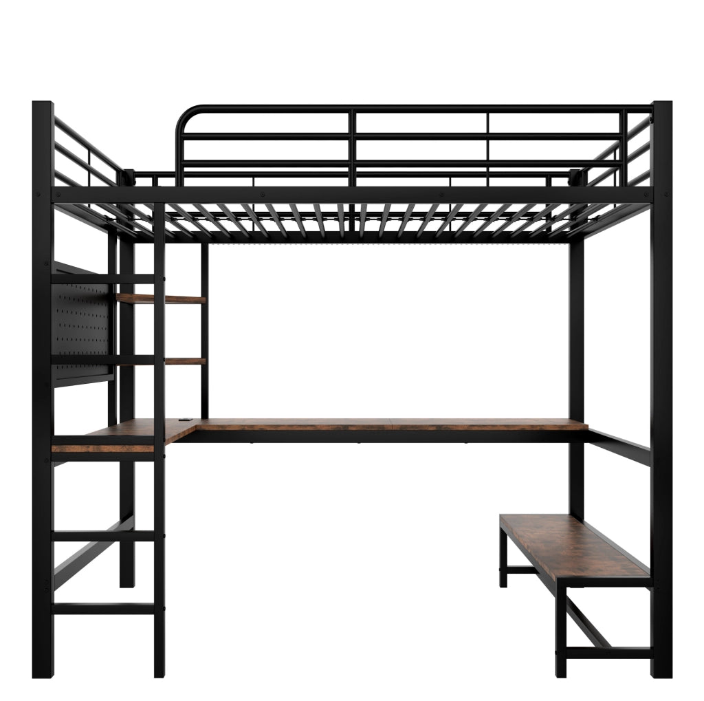 Letto a soppalco ULEVR 90x200 cm con scrivania, ripiani, LED, USB e Type-C, metallo e MDF nero