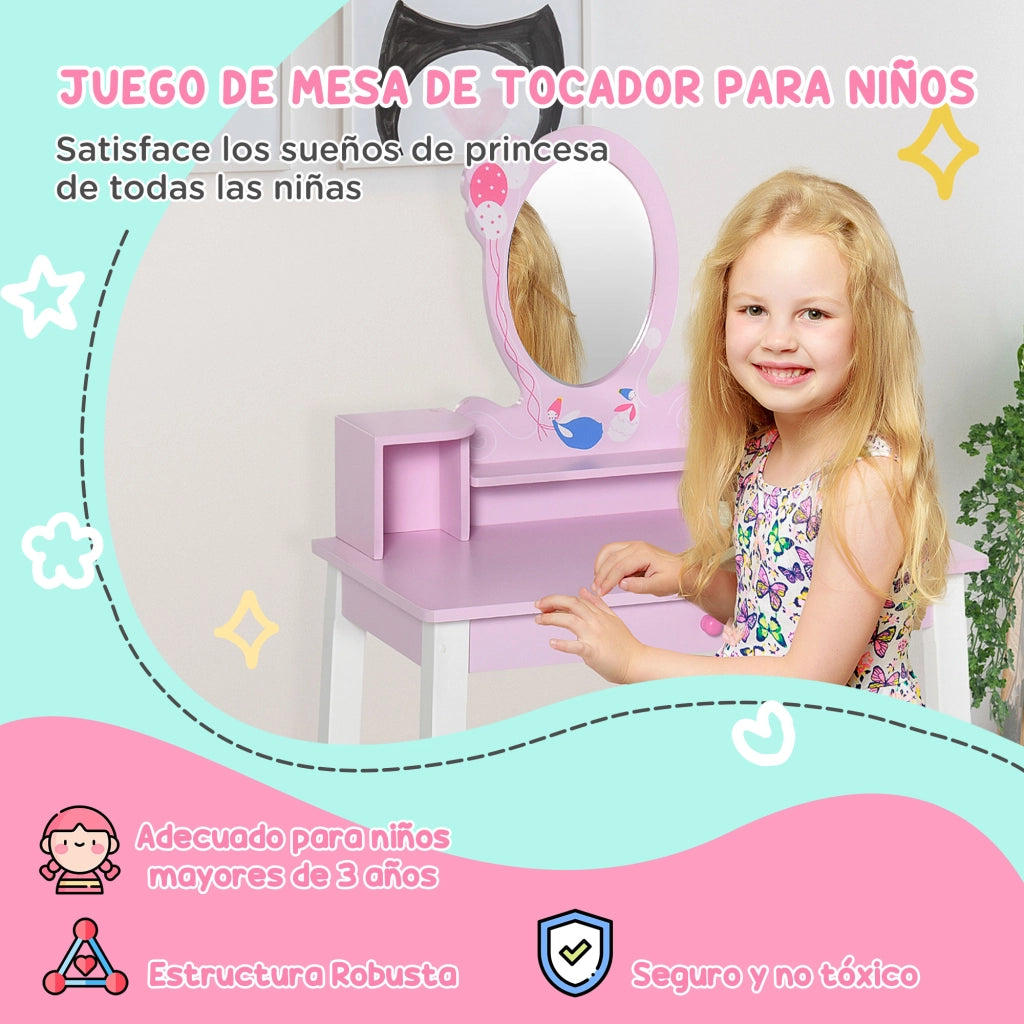 Tocador Principessa con Specchio e Sgabello per Bambine ¨C zephmum ¨C Legno Rosa 60x34x93 cm