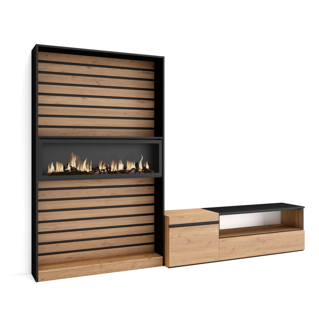 Mobile TV, Soggiorno, 260x35x186cm, Per TV fino a 65", Camino elettrico, colore Rovere e nero RF3158