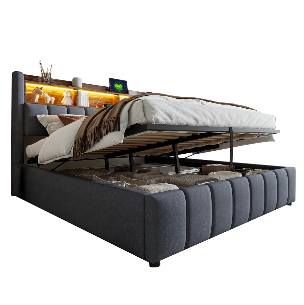 Letto matrimoniale imbottito 180x200 cm grigio con LED; USB e contenitore idraulico