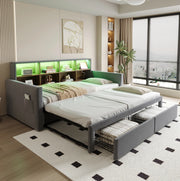 Letto imbottito estraibile 90x190 cm con contenitori, LED e prese