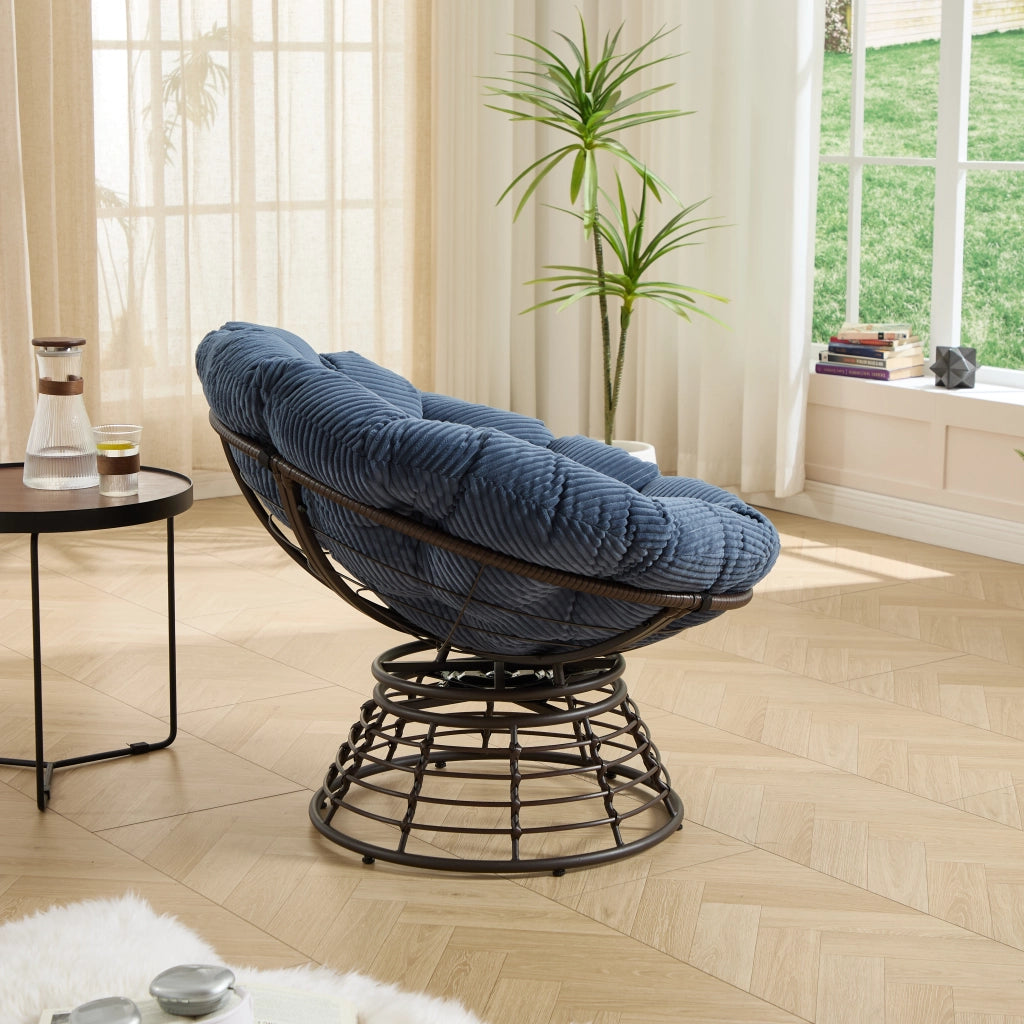 Sedia ergonomica Papasan realizzata in vimini comodo sedia girevole da esterno a 360¡ã con cuscino spesso e morbido ideale per soggiorno camera da letto sala lettura telaio marrone con cuscino blu navy (Comforta)