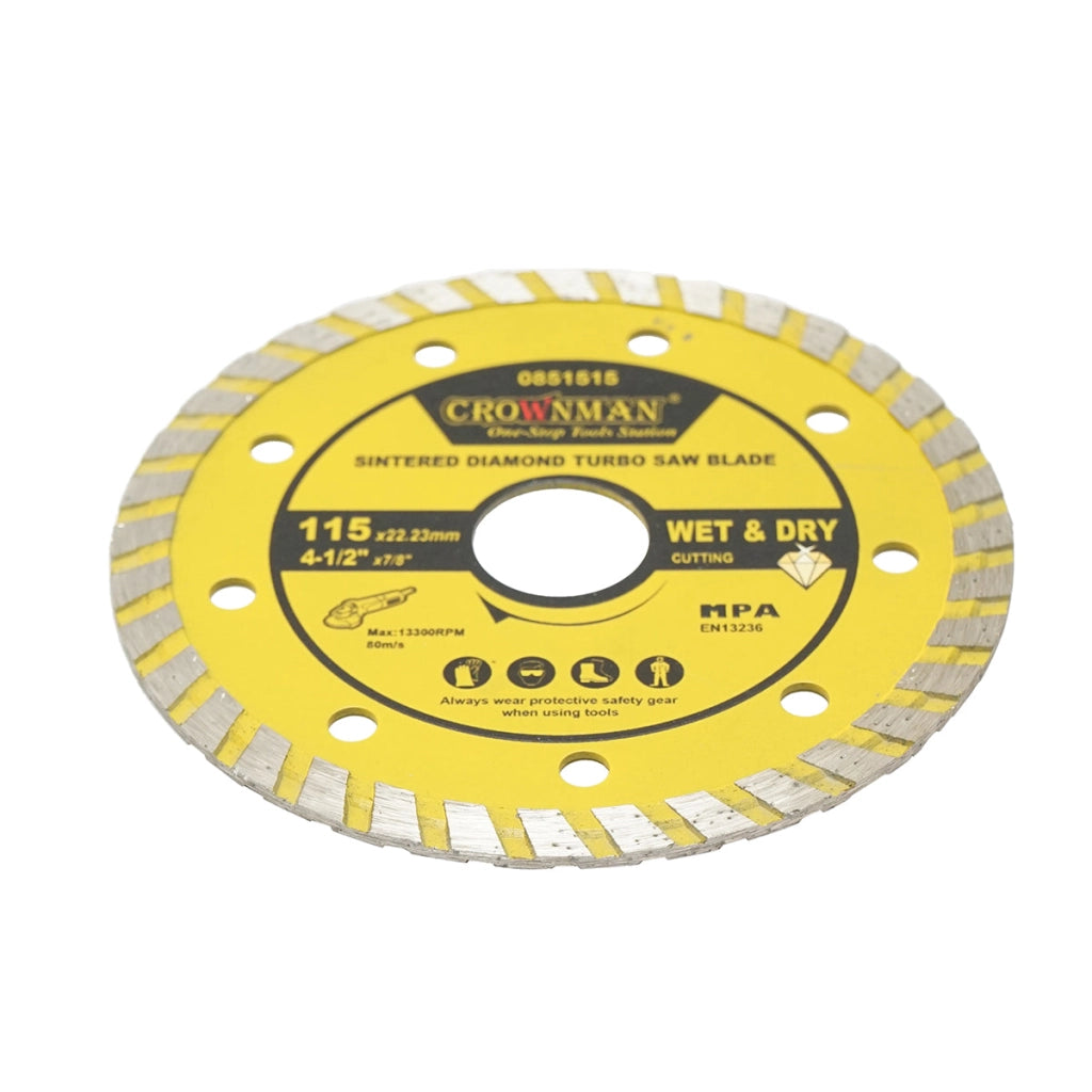 Disco diamantato turbo sinterizzato 115x22.23 mm, velocità massima 13.300 giri/min, taglio a umido/asciutto per pietra, gres, ceramica e marmo, Crownman
