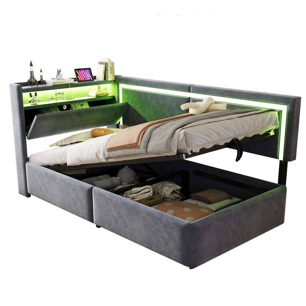 Letto Imbottito Contenitore con LED ¨C MINIMAL ¨C Velluto Grigio Scuro 90x200