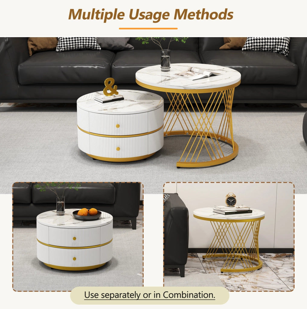 Set 2 tavolini da caffè rotondi effetto marmo lucido; bianco; con 2 cassetti
