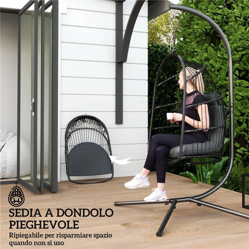 SEDIA SOSPESA A DONDOLO PIEGHEVOLE DA INTERNO ED ESTERNO CON CUSCINO E POGGIATESTA GRIGIO SCURO