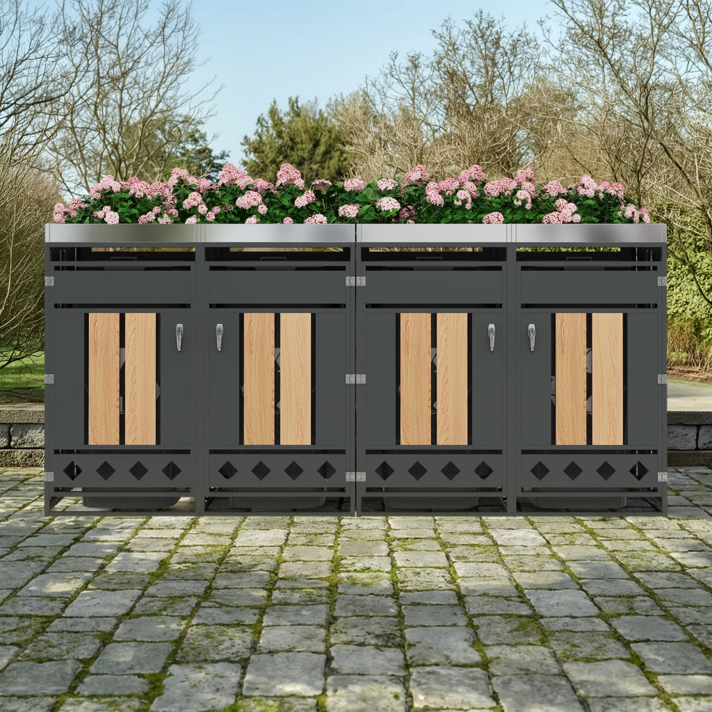 Cassetta rifiuti da giardino con fori di ventilazione diamantati compartimenti multipli chiusura a chiave quattro porte spazio per piante finitura venatura legno resistente e funzionale per esterni