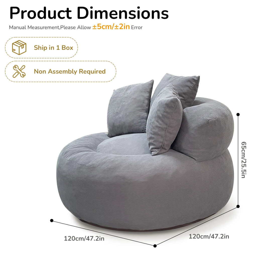 Poltrona pouf rotonda da pavimento - seduta morbida e leggera - in corduroy - grigio