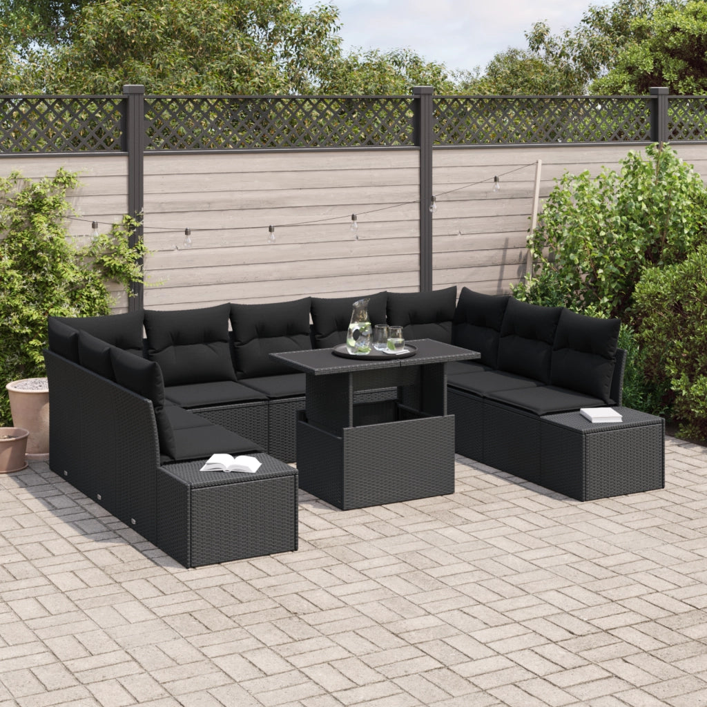 Set di divani da giardino 10 pezzi con cuscini Rattan Neri