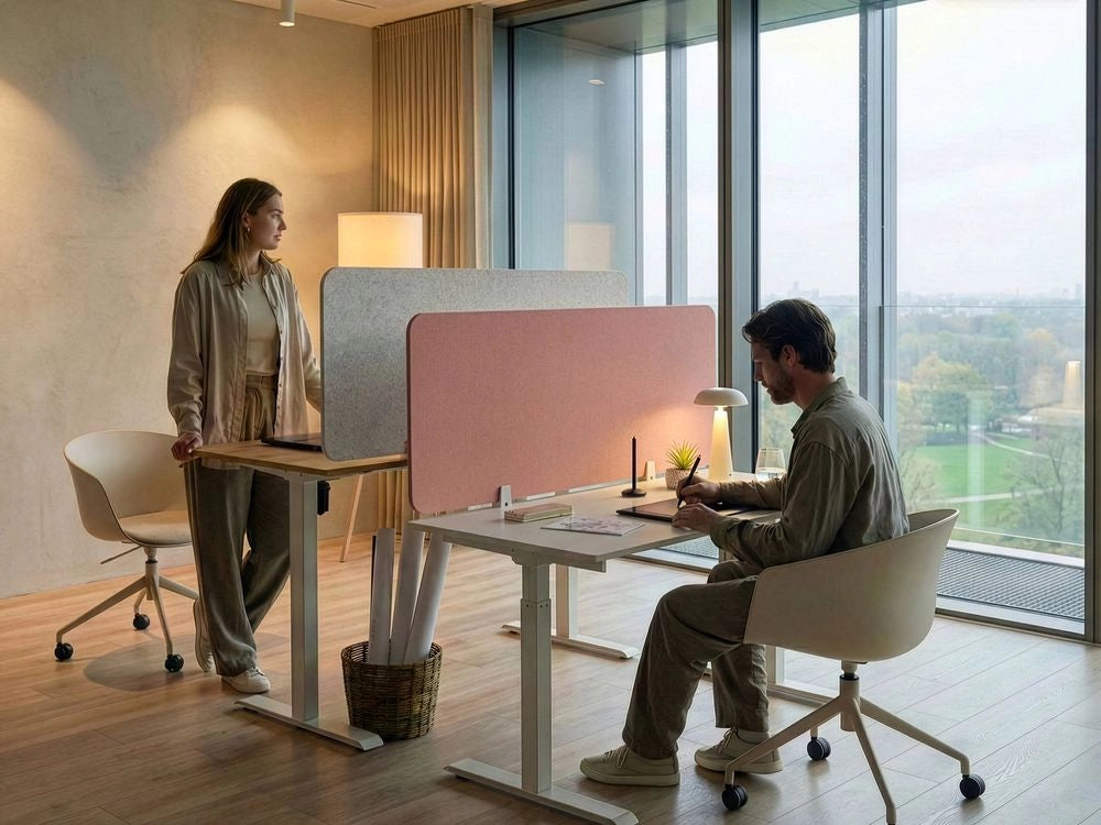 Divisorio da scrivania in PET con rivestimento in tessuto 120 x 50 cm rosa chiaro Schermo acustico Morsetti di montaggio modulari Casa Ufficio