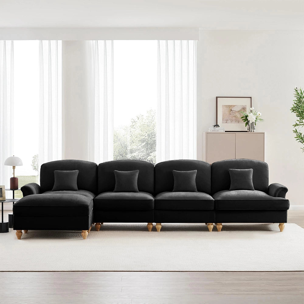 Divano modulare a L - Xylo - 4 posti, chenille, stile classico, nero