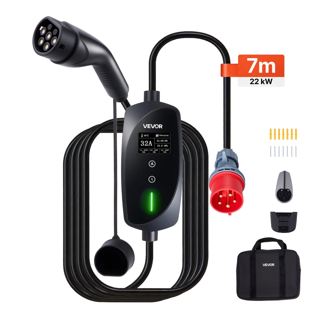 Caricabatterie Portatile per Auto Elettriche Tipo 2 22 kW 32A Trifase con Cavo 7 m Spina CEE32 Schermo LCD