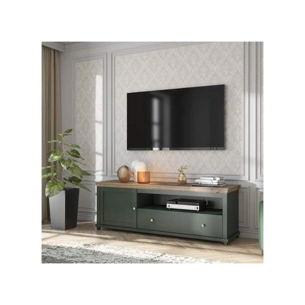 Mobile TV 180cm con LED integrate. Collezione ASSIA. Colori verde e rovere. 1 porta e 1 cassetto.