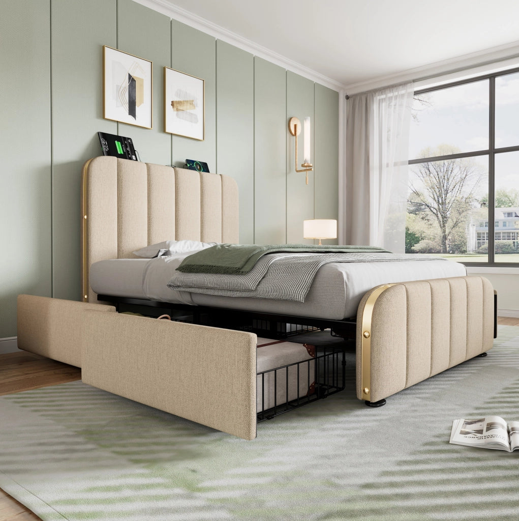 Letto singolo imbottito 90x200 beige con 4 cassetti e materasso