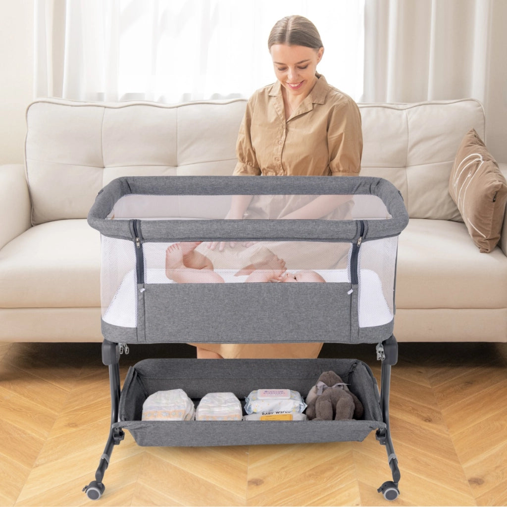 Culla da affiancare per neonati con altezza regolabile a 6 livelli mensola portaoggetti, Culla da letto pieghevole Grigio scuro-Culle