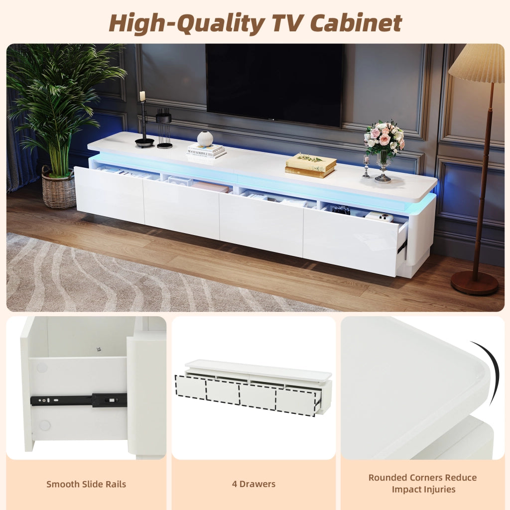 Mobile porta TV con LED, 4 cassetti e finitura lucida, per soggiorno, in truciolato bianco, 180 × 34 × 40 cm