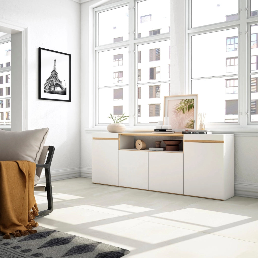Credenza, Mobile, Cucina, 200x75x35cm, 4 Porte, grande stoccaggio, Bianco e Rovere soft