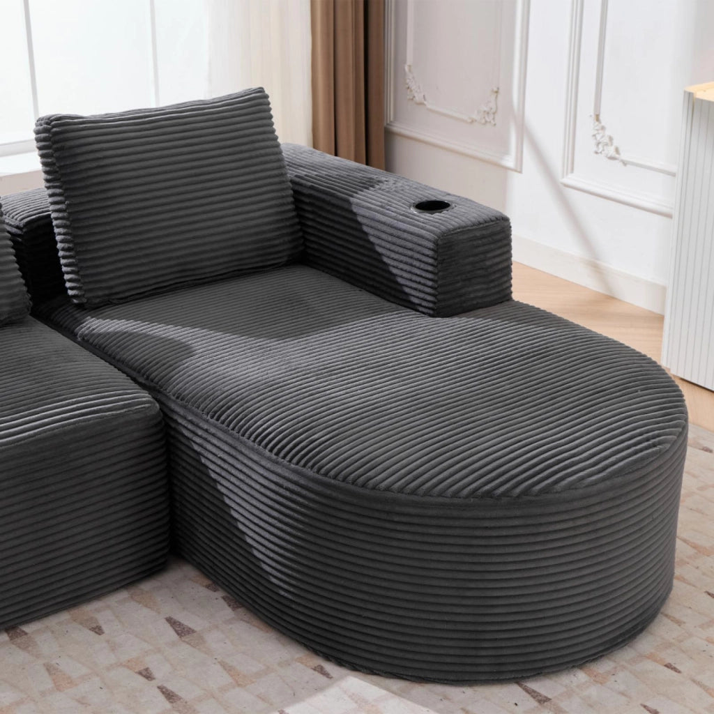 Divano, 265 cm, a due posti, con portabicchieri, tre cuscini decorativi, per piccoli appartamenti, grigio scuro