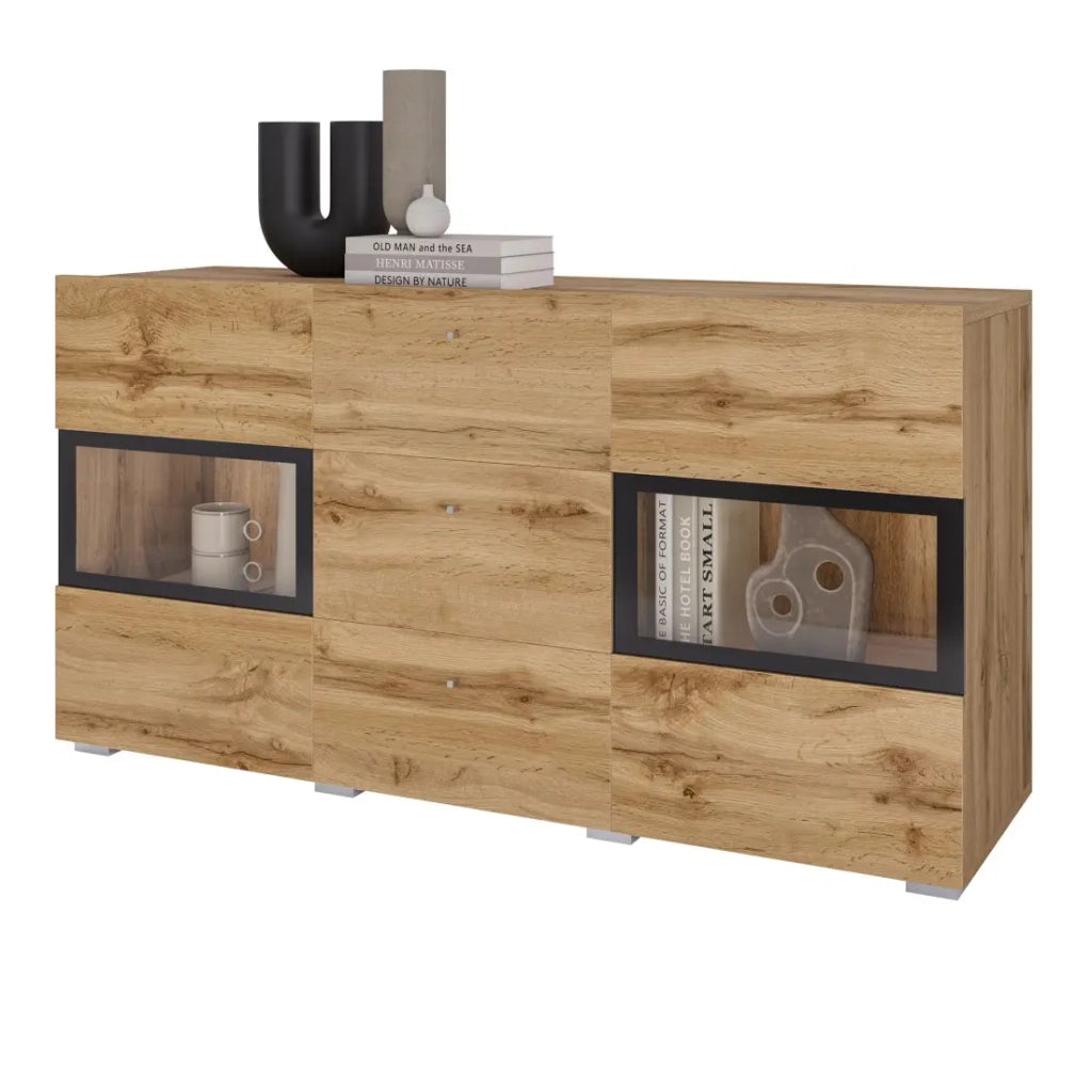 Buffet RAMOS 130 cm – Rovere dorato e nero – 2 porte in vetro e 3 cassetti – Senza LED