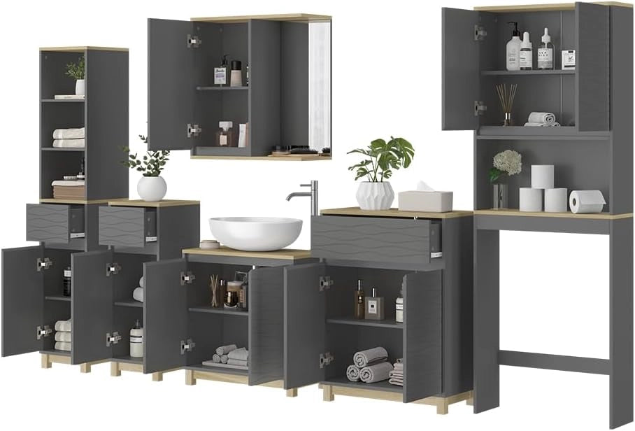 Set di mobili da bagno Livia, Antracite/quercia, 6 parti