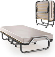 Letto Singolo Pieghevole, Portata di 120 kg, con 4 Ruote, 4 Gambe in Mettallo, Fibbia Fissata, 90 x 200 cm, Materasso di 10 cm, Ideale per Viaggio e di Riserva