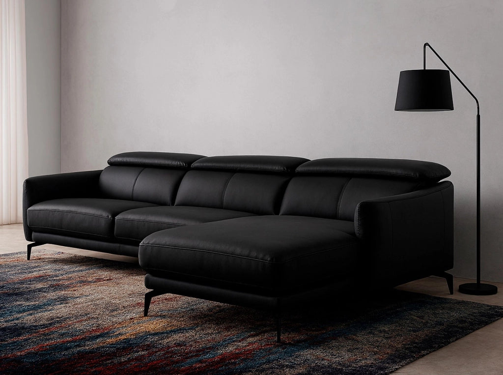 Divano chaise longue destro in pelle nera