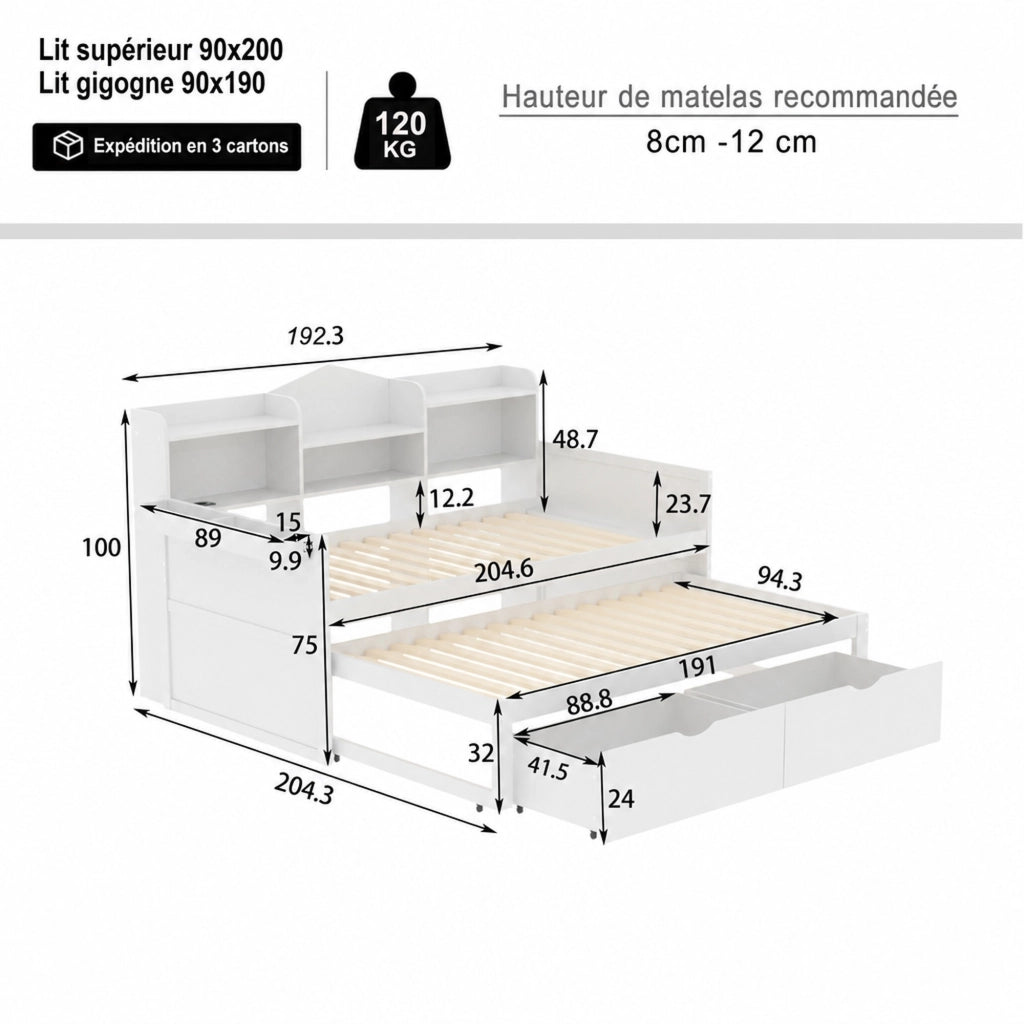 DESMIU Divano letto 90 × 200 cm 1 posto con cassetti, vano, cestino e presa USB, senza materasso, legno, bianco