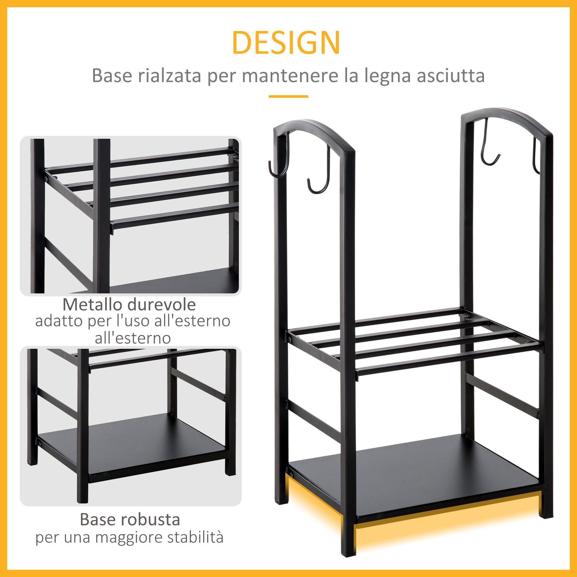 Portalegna Legnaia in Ferro 40x30x74 cm Max 100Kg con Attrezzi  Nero