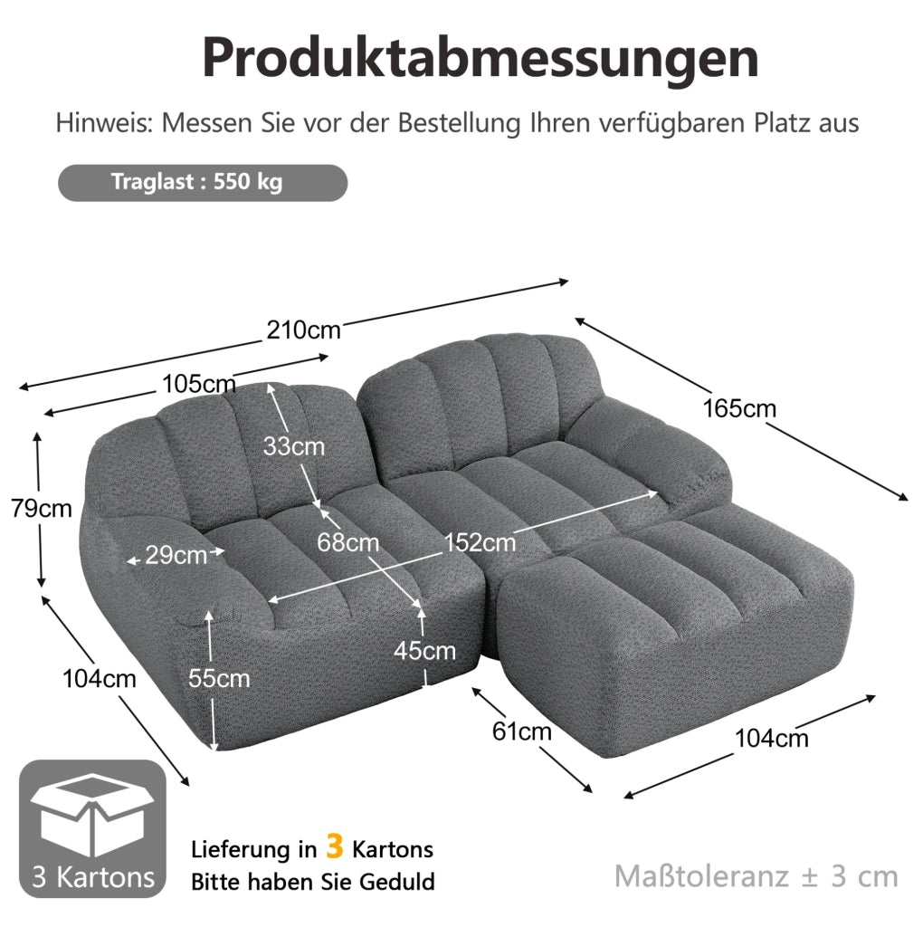 Divano modulare angolare 2 posti senza struttura con ottomano; 210x165x79 cm; grigio