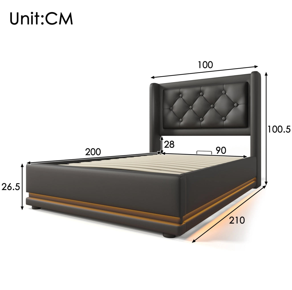 Letto singolo 90x200 nero in PU con contenitore idraulico, LED, USB-C e materasso