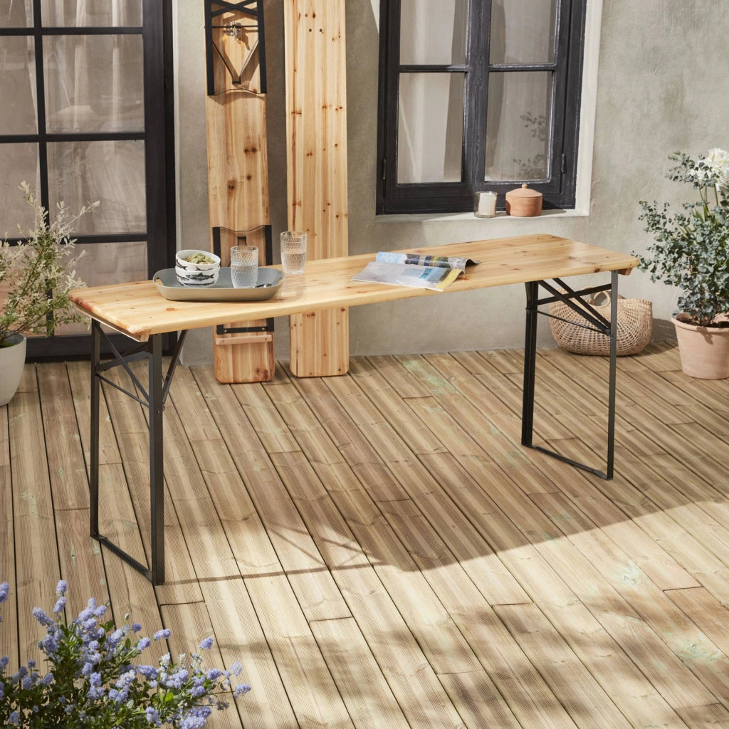 Set tavolo da giardino pieghevole in legno con 2 panche, marrone