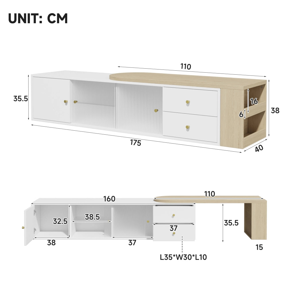 Mobile TV con 2 cassetti; 2 ante scorrevoli e LED RGB - per soggiorno - 175×40×35.5 cm