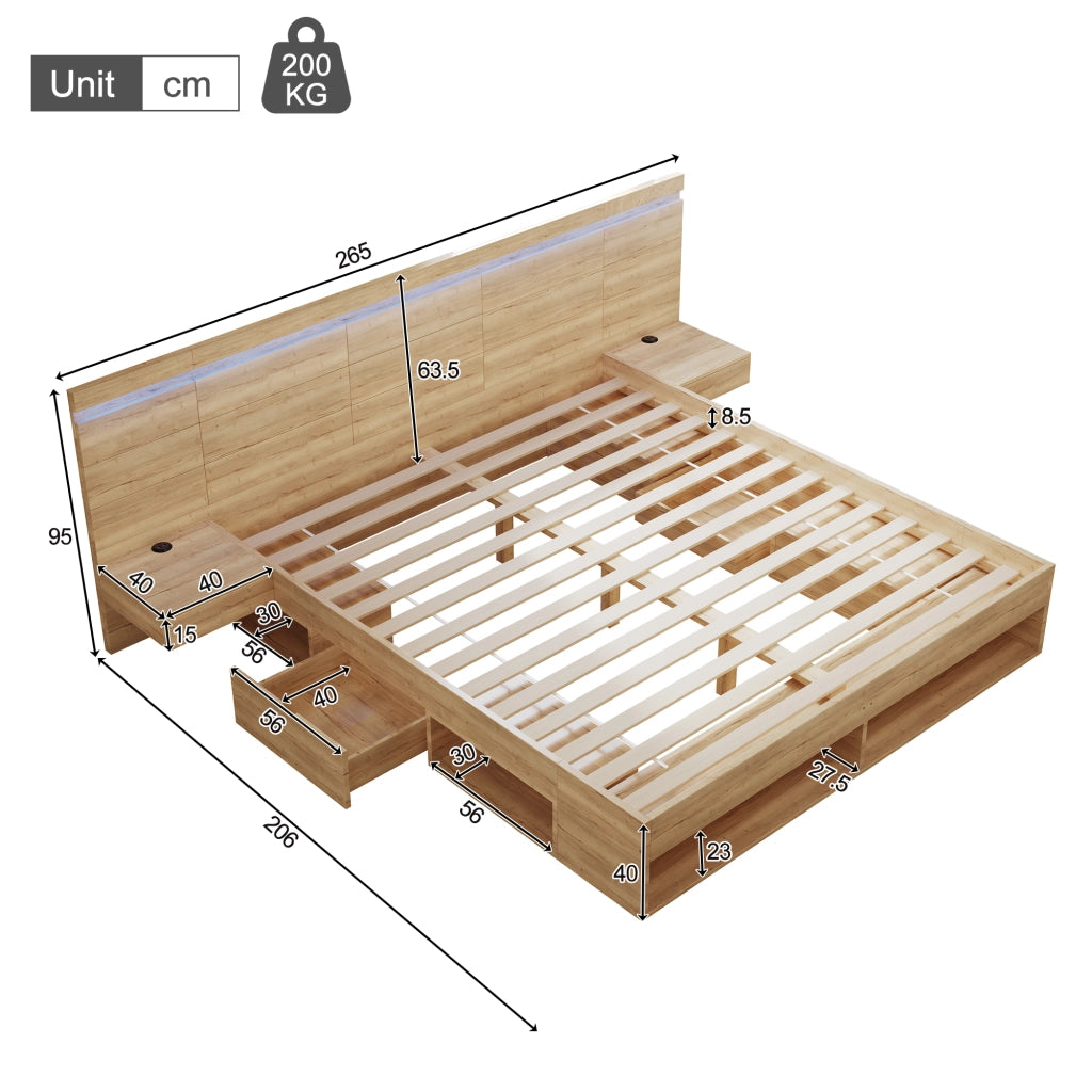 Letto matrimoniale 180 × 200 cm con contenitore, USB e Type-C, LED, 2 comodini integrati, senza materasso, MDF, naturale