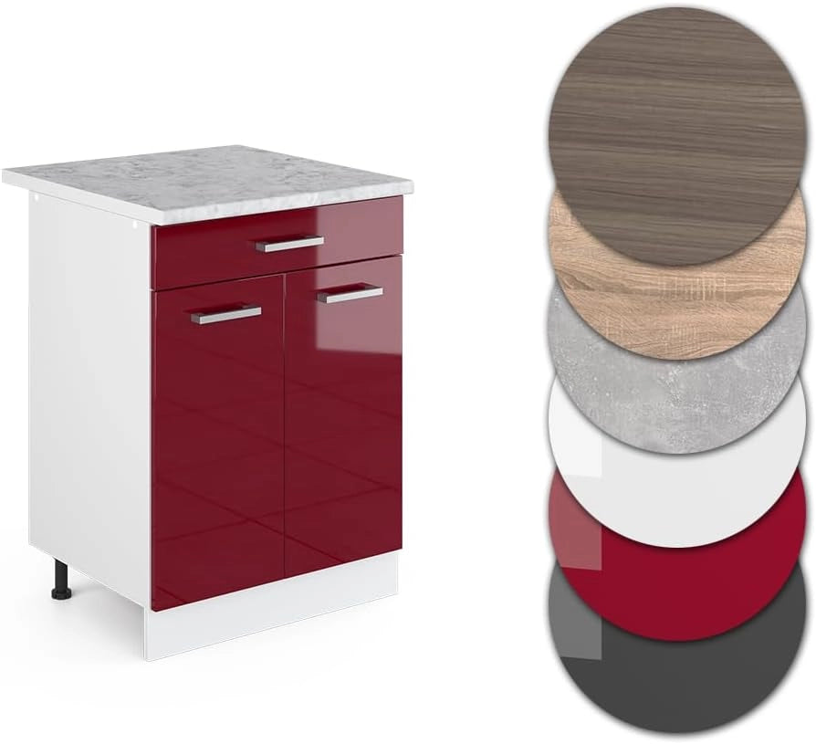 Mobiletto base per cucina R-Line, Rosso lucido, 60 cm con cassetto PL Marmo, per la libera combinazione all'interno di sistemi cucina modulari