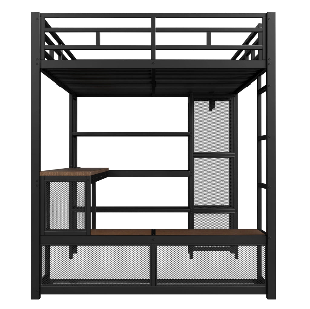 Letto a soppalco 140x200 cm con scrivania, armadio aperto e LED