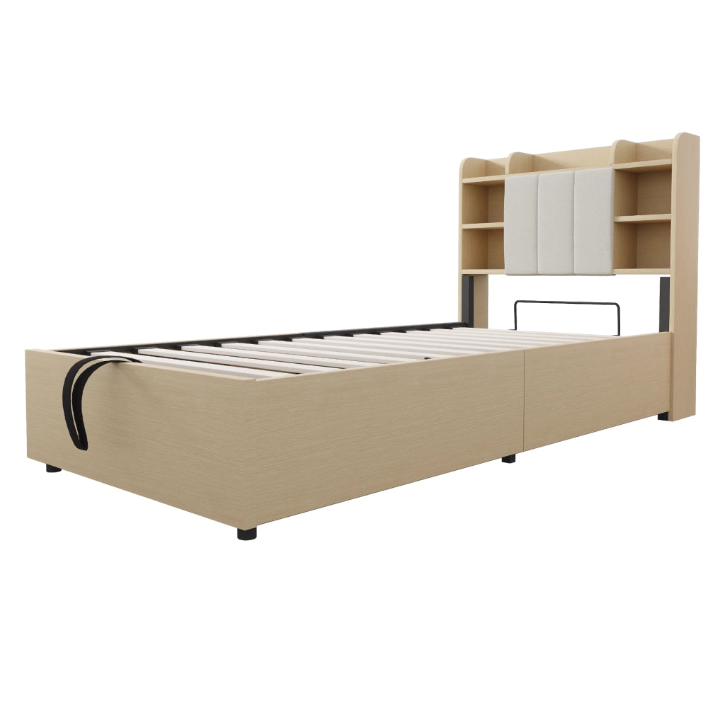 LETTO Contenitore Idraulico 90x200 cm MDF Colore Legno Naturale con USB e USB-C