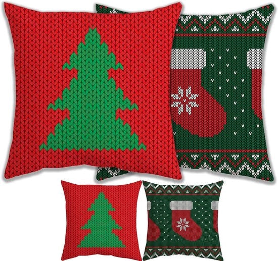 Set di 2 cuscini decorativi per Natale - Rosso Verde - Tessuto Cotone Lino - 45x45 cm - Cuscini di Natale Decorativi - Decorazione di Natale